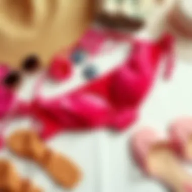 Flat lay of hot pink velvet bikini with accessories and beachwear