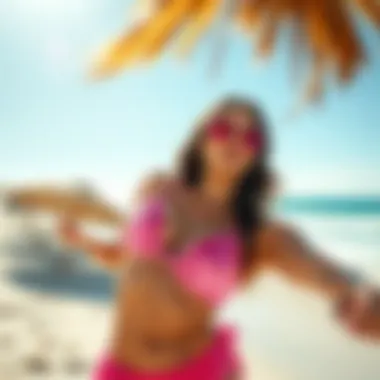 Model displaying hot pink velvet bikini on a sunny beach