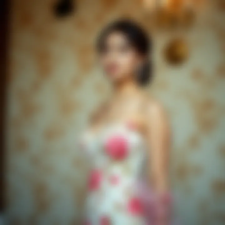 Stylishly accessorized floral embroidered evening gown.