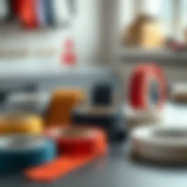 Different types of adhesive hem tape displayed on a table