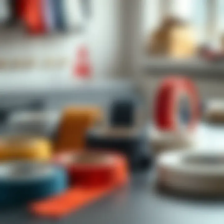 Different types of adhesive hem tape displayed on a table