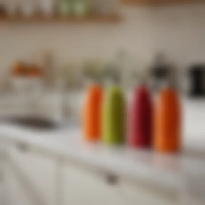 Elegant small reusable juice bottles on a kitchen counter