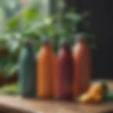 Small reusable juice bottles in a sustainable lifestyle setting