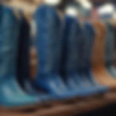 A variety of blue cowgirl boots on display showcasing different styles