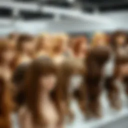 A selection of affordable brown wigs displayed on mannequins