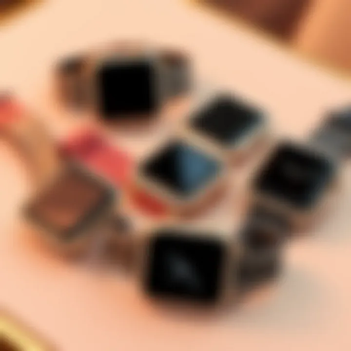 Chic Arrangement of Rhinestone Cases Stylish arrangement of various Apple Watch rhinestone cases on a chic surface.