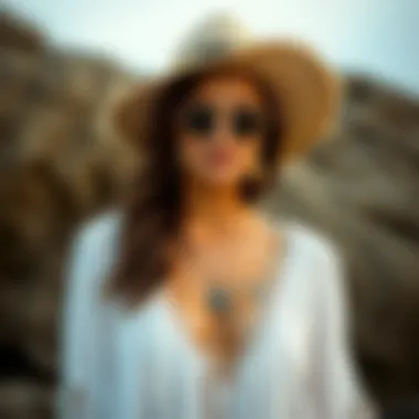 Chic beach ensemble featuring a tassel cover-up and accessories