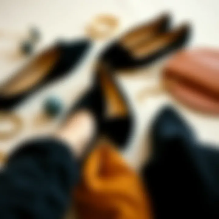 A flat lay of black velvet shoes paired with stylish accessories
