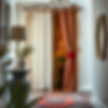 An elegantly styled entryway featuring a bohemian door curtain that complements the decor