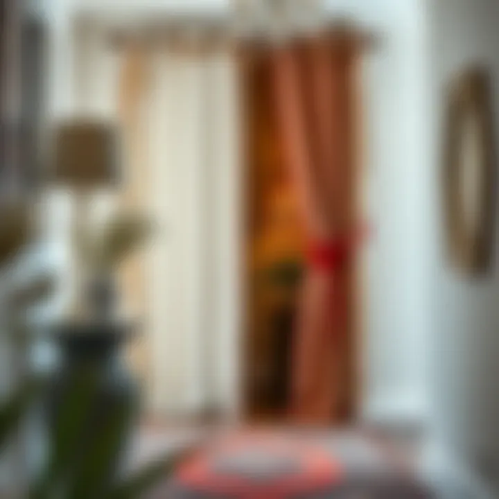 An elegantly styled entryway featuring a bohemian door curtain that complements the decor