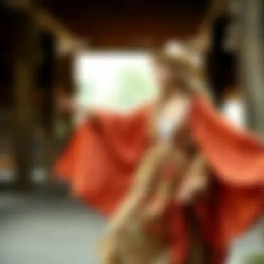 A vibrant bohemian work outfit featuring flowing fabrics and earthy tones