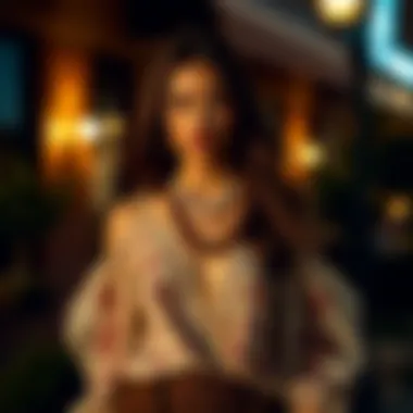 An elegant evening look featuring a flowy boho top paired with chic accessories