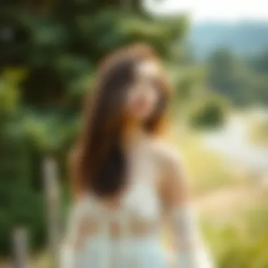 A serene outdoor setting showcasing a model in a bohemian top