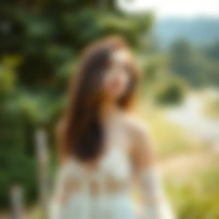 A serene outdoor setting showcasing a model in a bohemian top