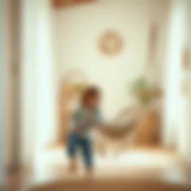 A child happily playing near a stylish boho toy hammock in a bright room