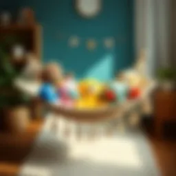 A beautifully designed boho toy hammock filled with colorful plush toys