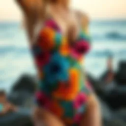 A vibrant floral swimsuit design showcasing intricate patterns and colors.