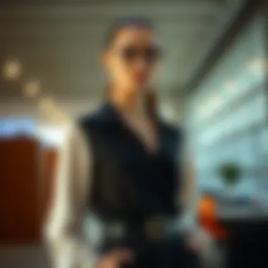 A model wearing a fashionable buckle top in a modern setting