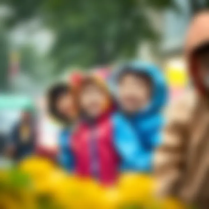 Children happily wearing Build-A-Bear raincoats in the rain