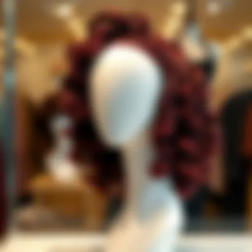 A stunning burgundy kinky curly wig displayed elegantly on a mannequin