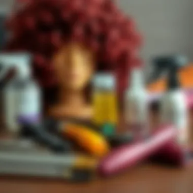 Maintenance Tools for Burgundy Kinky Curly Wig A stylish setup with tools and products for maintaining burgundy kinky curly wigs