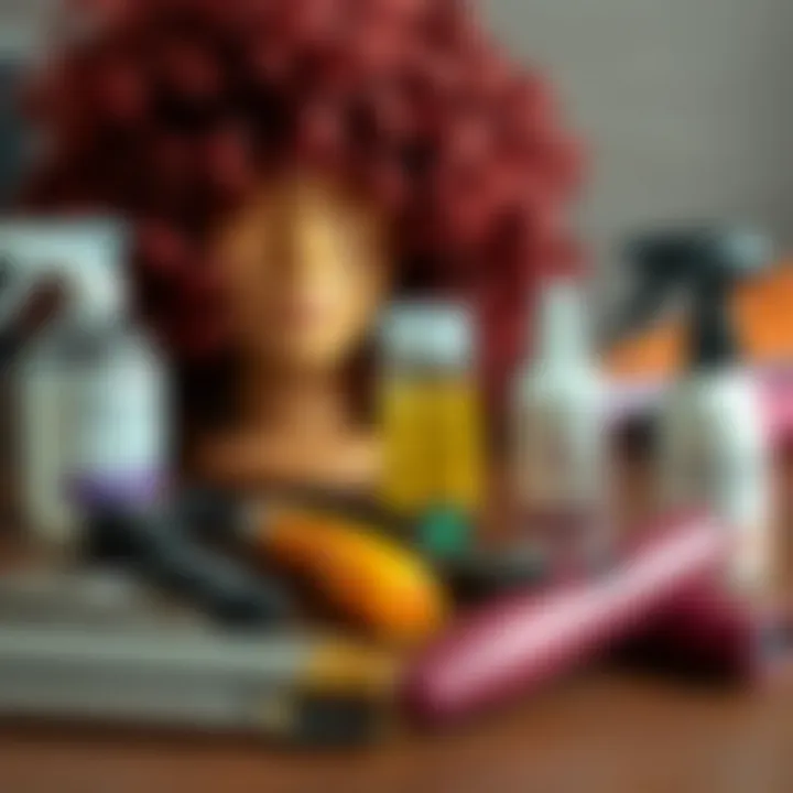 Maintenance Tools for Burgundy Kinky Curly Wig A stylish setup with tools and products for maintaining burgundy kinky curly wigs