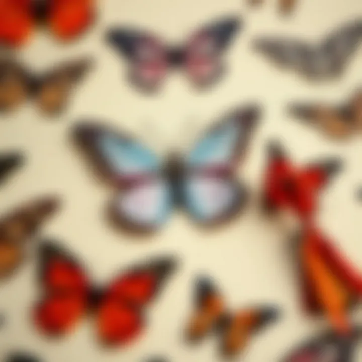 Close-up of butterfly motifs on gift wrapping paper showcasing unique patterns