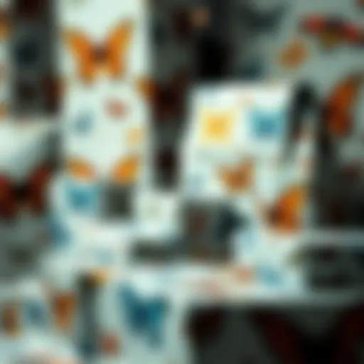 Elegant display of butterfly-themed gift wrapping paper with intricate designs