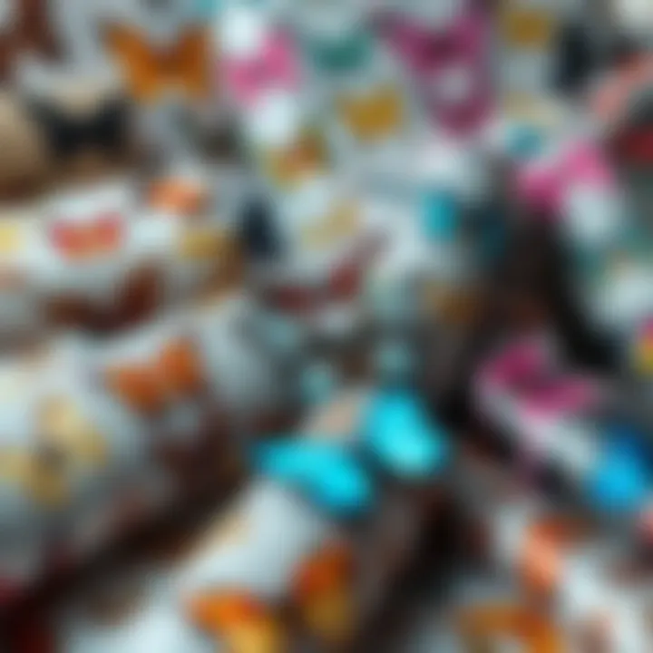 Variety of butterfly gift wrapping paper rolls in an artistic arrangement