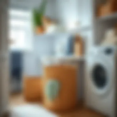 Stylish low profile laundry baskets arranged in a chic laundry room