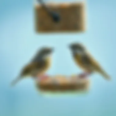 Birds enjoying seeds from a clear feeder in a garden