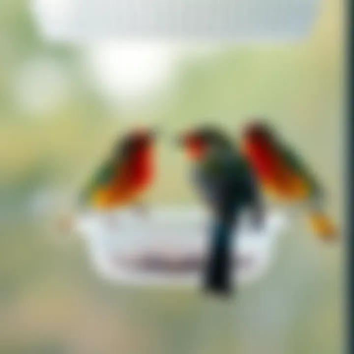 Vibrant birds feeding at a clear plastic window feeder