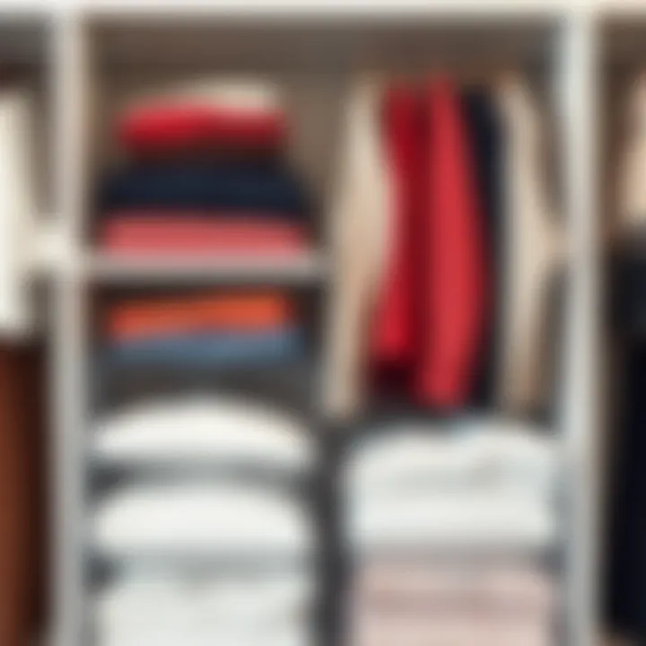 Artfully styled clear shelf organizers displaying neatly folded garments