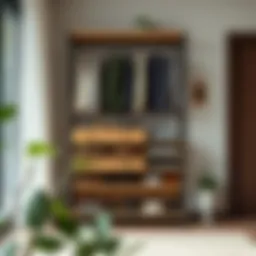 Stylish clothes rack with integrated shoe storage in a modern living room