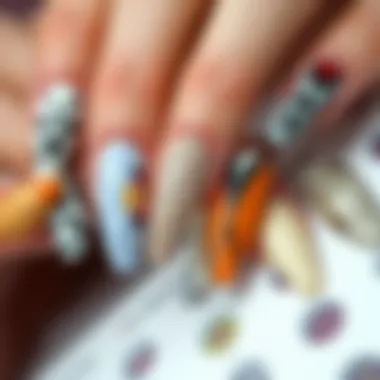 Variety of coffin shape stick-on nails featuring modern patterns and colors
