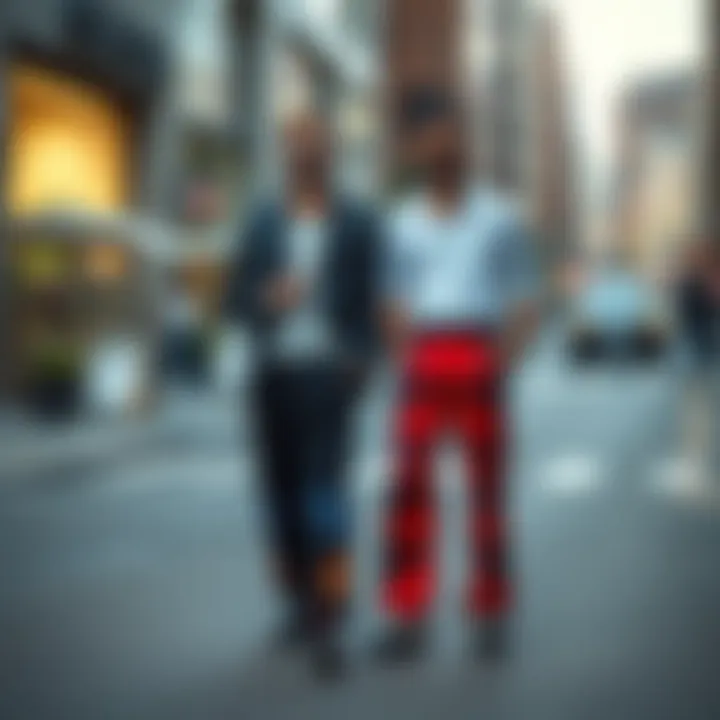 Stylish ensemble featuring butterfly pants in a street setting