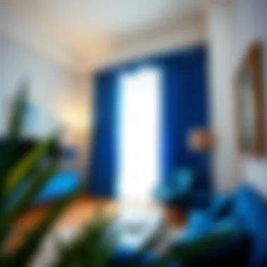 A well-decorated room featuring blue foil curtains as a focal point