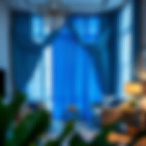 Elegant blue foil curtain draping in a modern living room