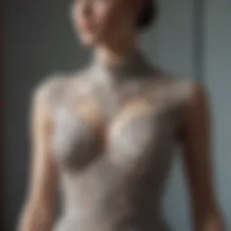 Exquisite couture midi dress displayed on a mannequin, showcasing intricate detailing.