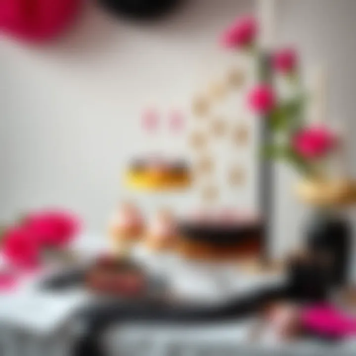 Creative dessert table featuring hot pink and black themes