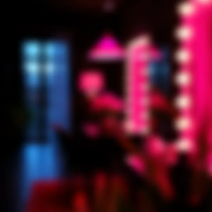 Dramatic lighting enhancing hot pink and black decor