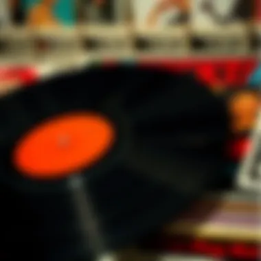 Close-up of a vinyl record album highlighting its unique cover art.