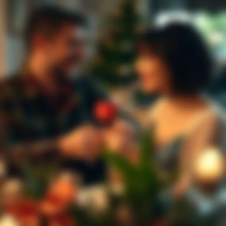 Stylish couple exchanging personalized jewelry gifts