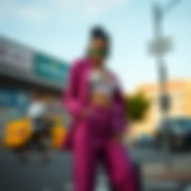 A vibrant street style look featuring a cut-out pants and top ensemble