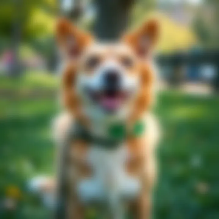 A happy dog wearing a festive collar while playing in a park