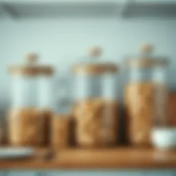 Elegant dry cereal storage containers arranged on a kitchen shelf