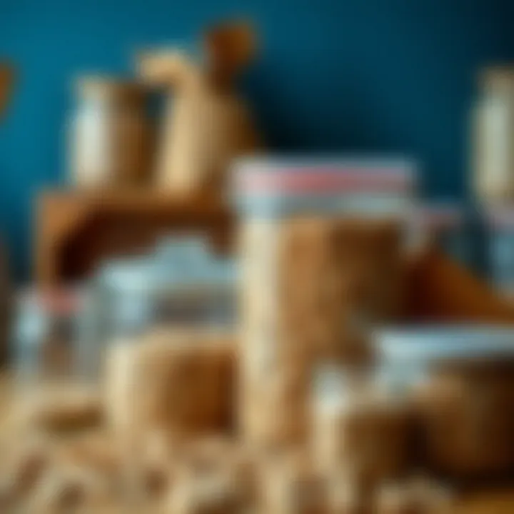 Variety of materials used for cereal storage containers displayed together