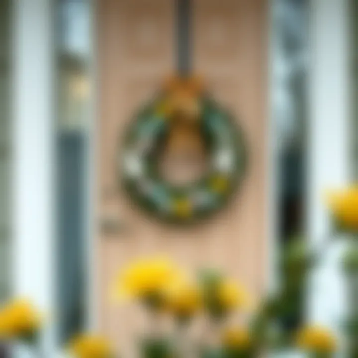 A seasonal outdoor display featuring an Easter wreath on a door