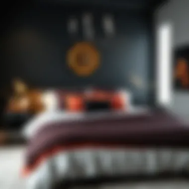 Stylish bedroom showcasing black and coral bedding with decorative elements