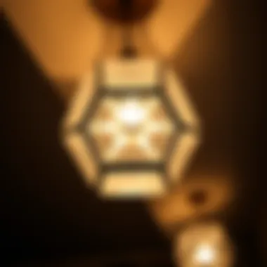 Close-up of a hexagonal wall lamp showcasing intricate design details